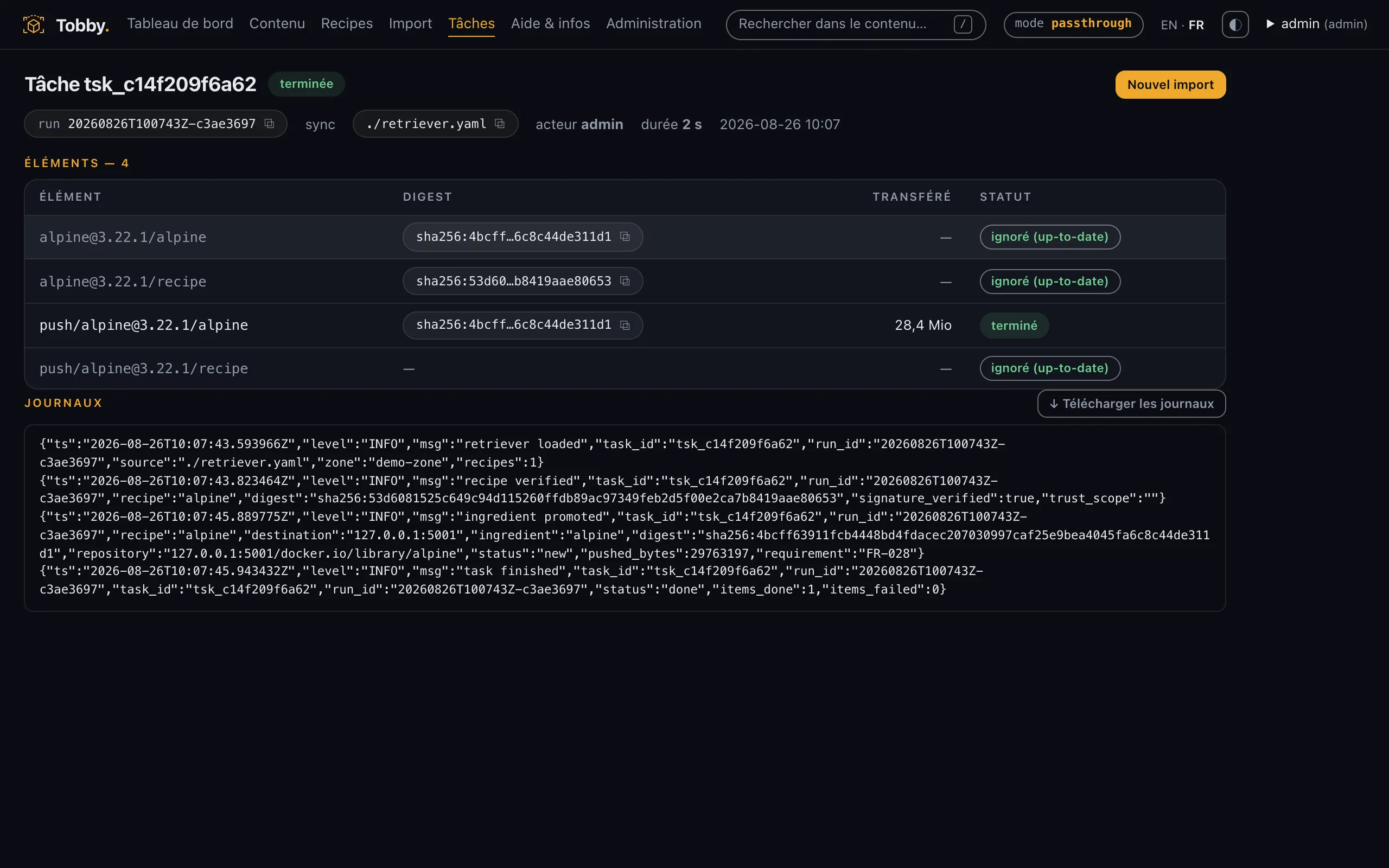 Le détail de tâche : les items de la synchronisation avec leur statut et le journal JSON brut, identifiant de run inclus