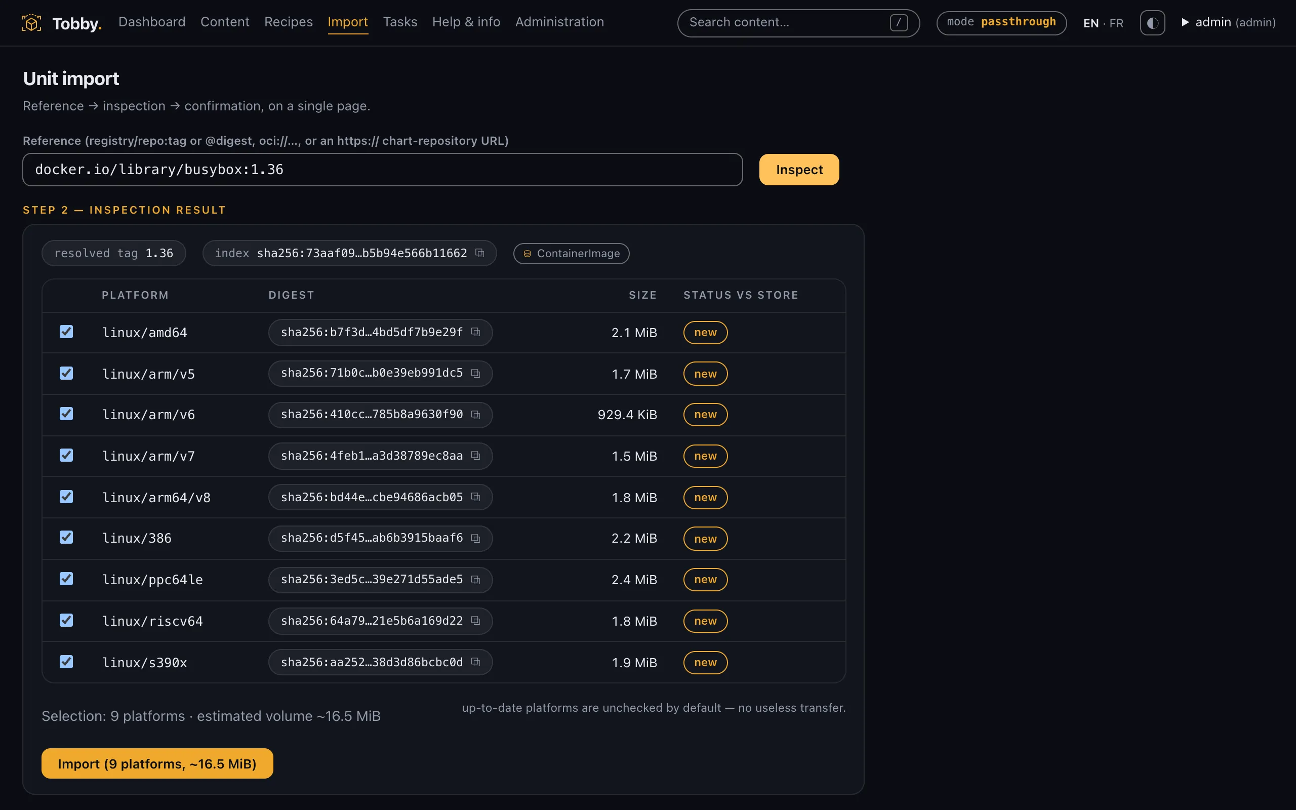 Unit import, step 2: inspection result with one row per platform, digests, sizes, status against the store, and the sized import button