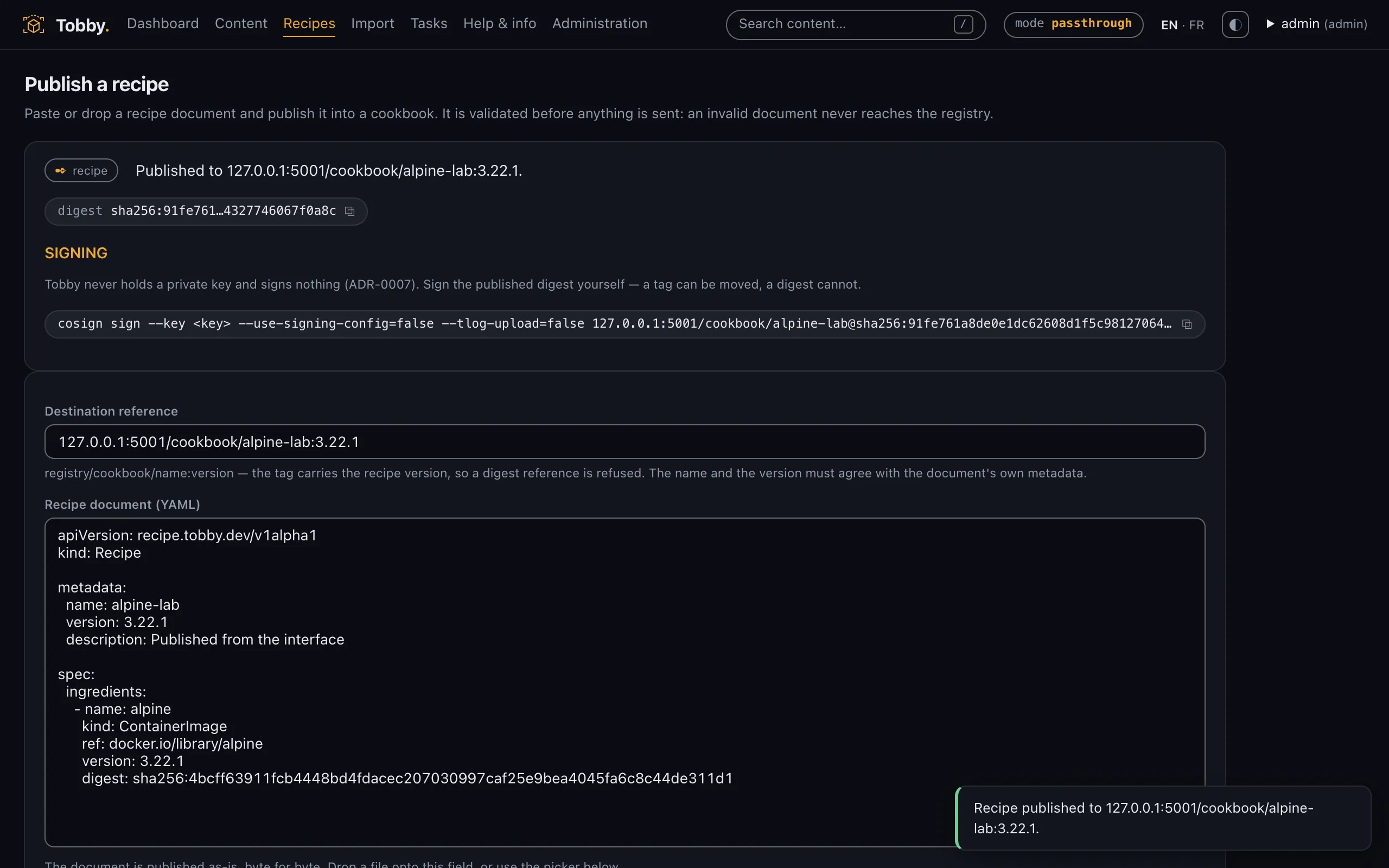 The publish screen after a successful publication: digest and ready-to-copy cosign command