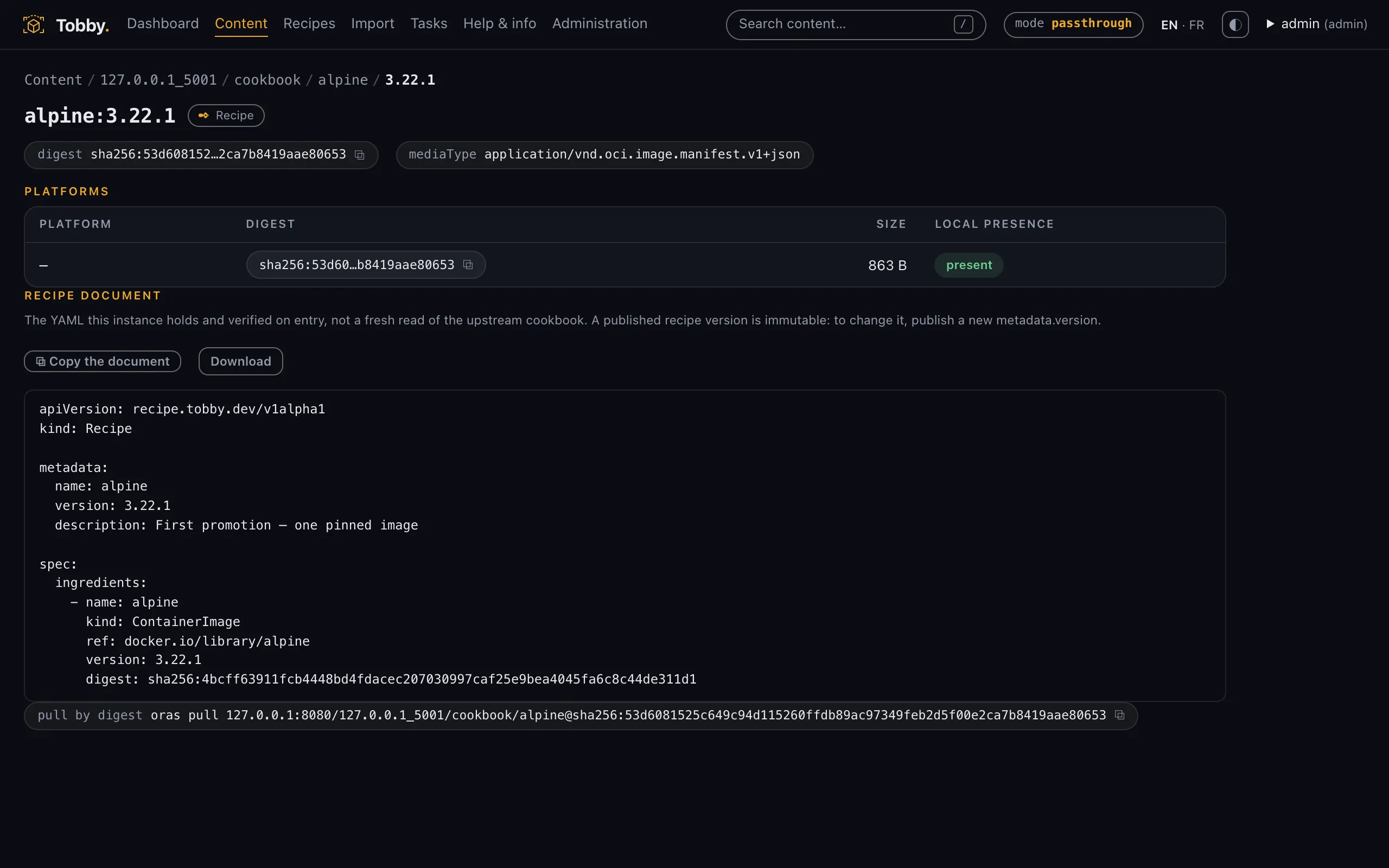 The recipe document on its content page: YAML body, digest, copy and download actions