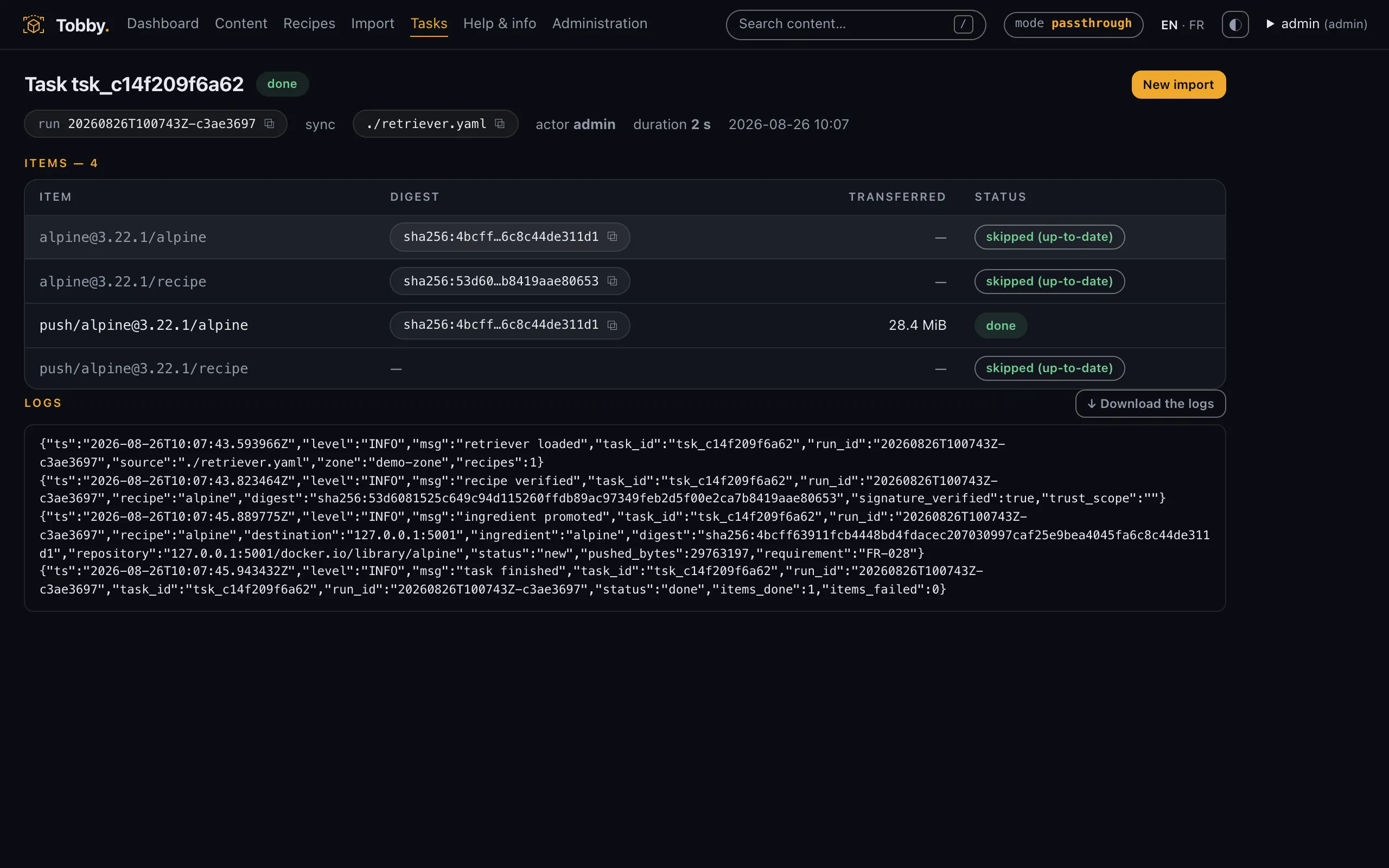 The task detail: sync items with per-item status and the raw JSON log, run identifier included