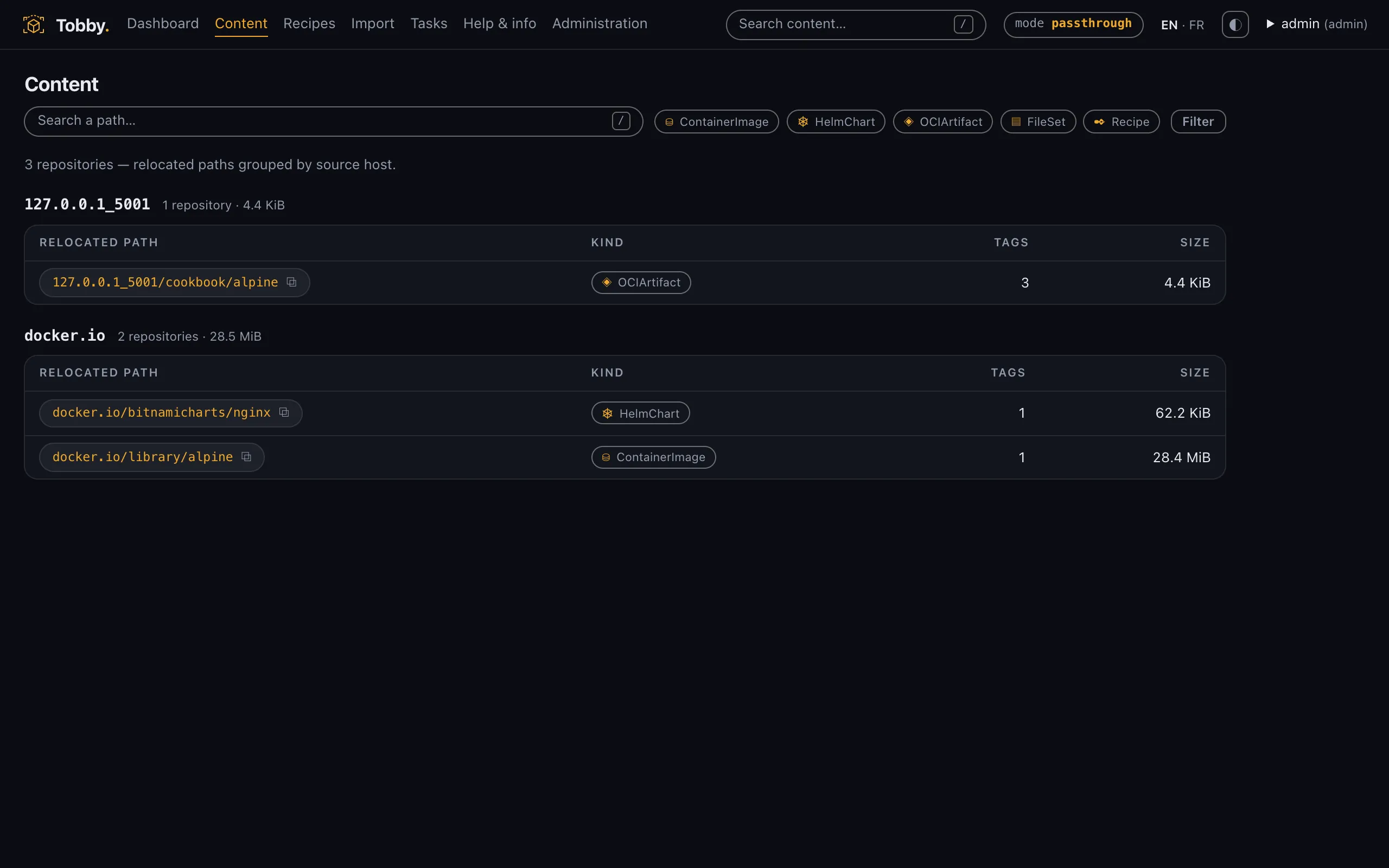 The content listing: a container image, a Helm chart and a recipe artifact side by side, grouped by source host