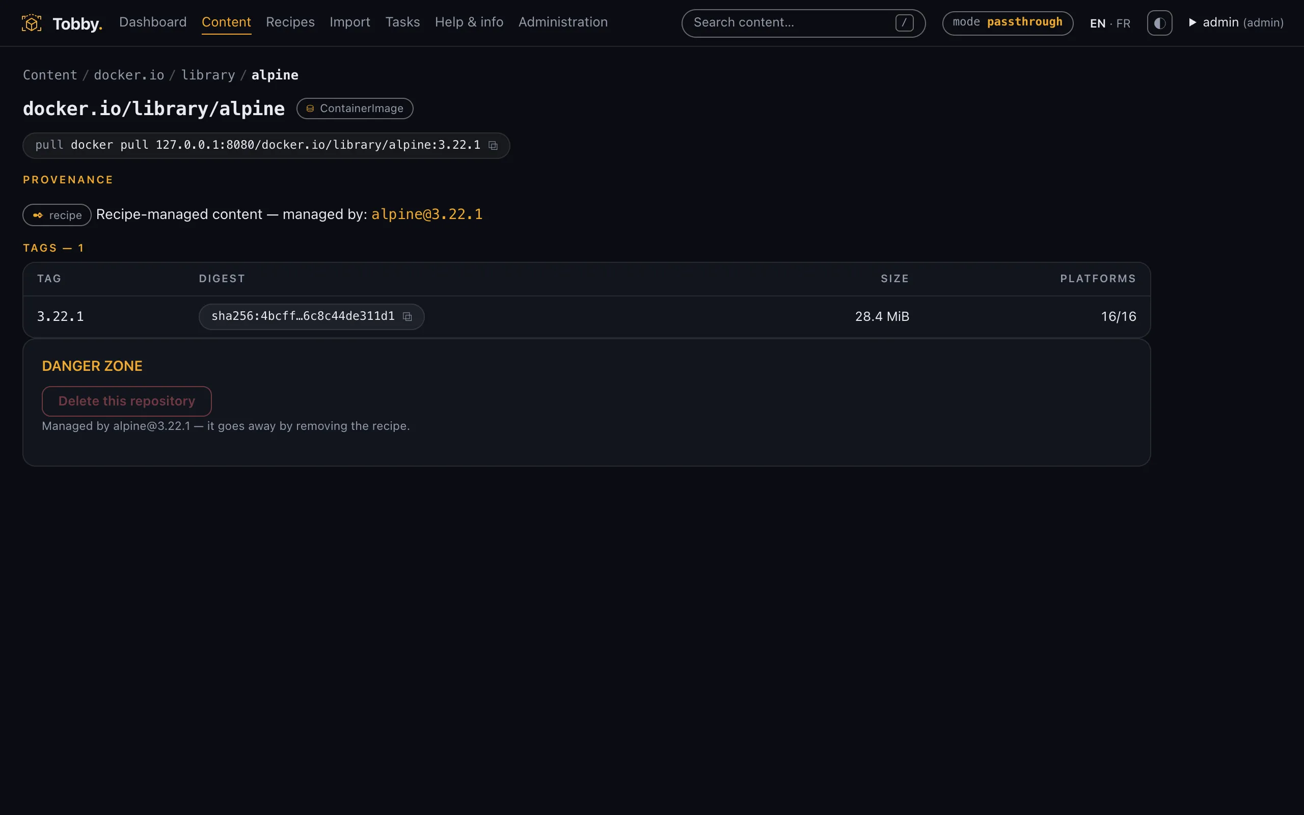 The content screen inside docker.io/library/alpine, breadcrumb showing the relocated path